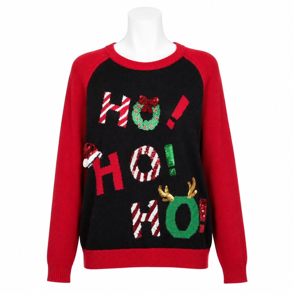 Curations HO HO HO Ugly Christmas Sweater Sequin Holiday Women Large Jingle Bell
